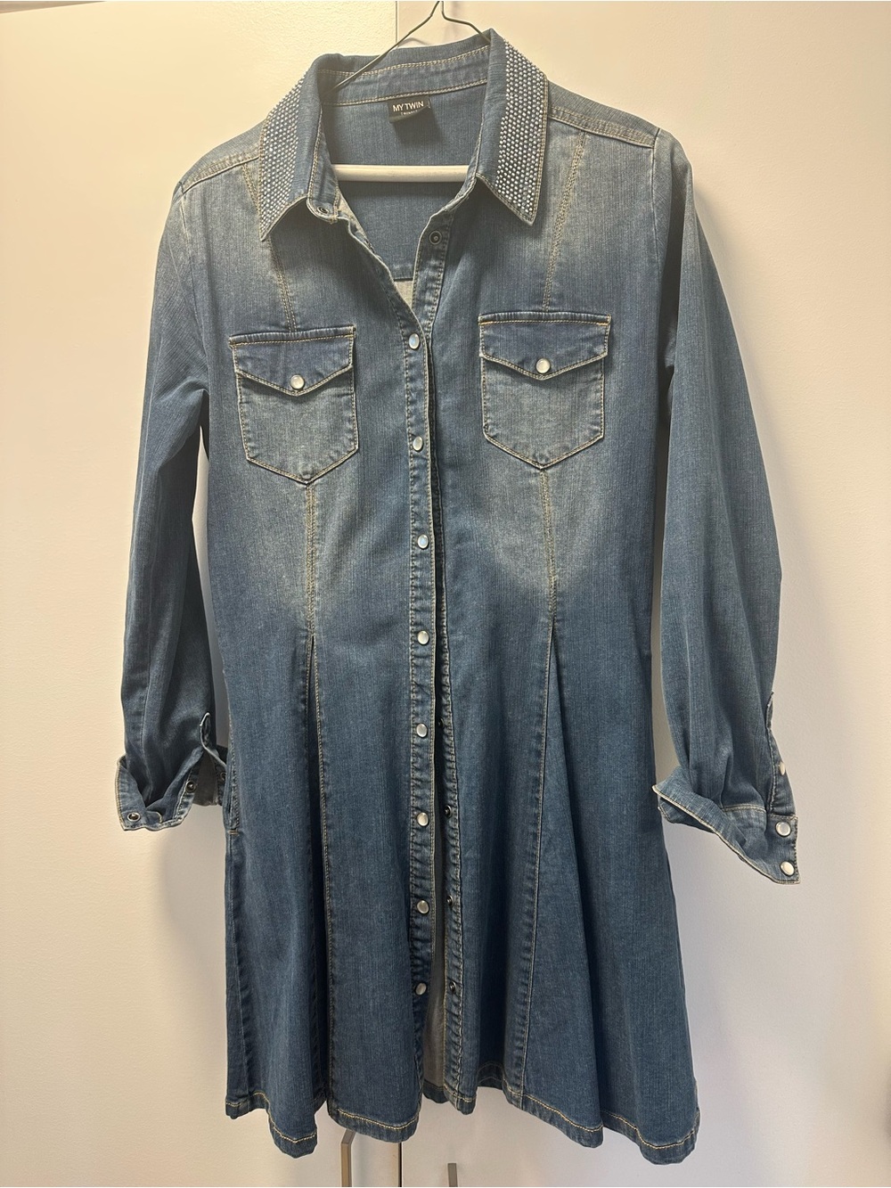 Twin-Set Denim Long Sleeve Shirt Dress in Blue